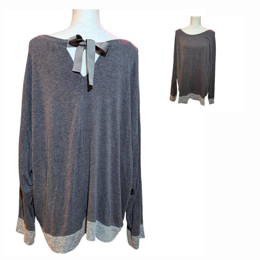 Womens Cacique gray long‎ sleeve Top size 22/24 Ribbon Tie Bow Back  Very Soft